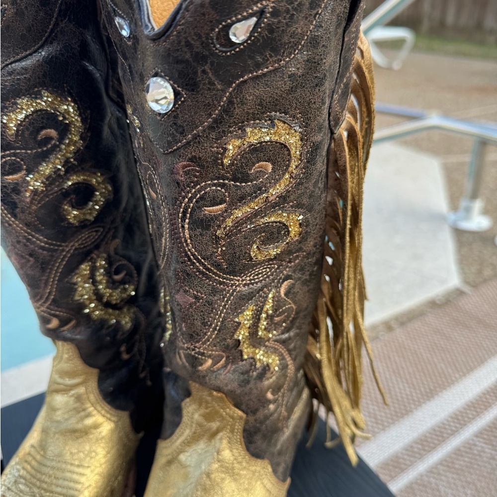 Custom Corral Elegant Gold and Brown, glittered, rhinestone Heeled Boots - Picture 2 of 13